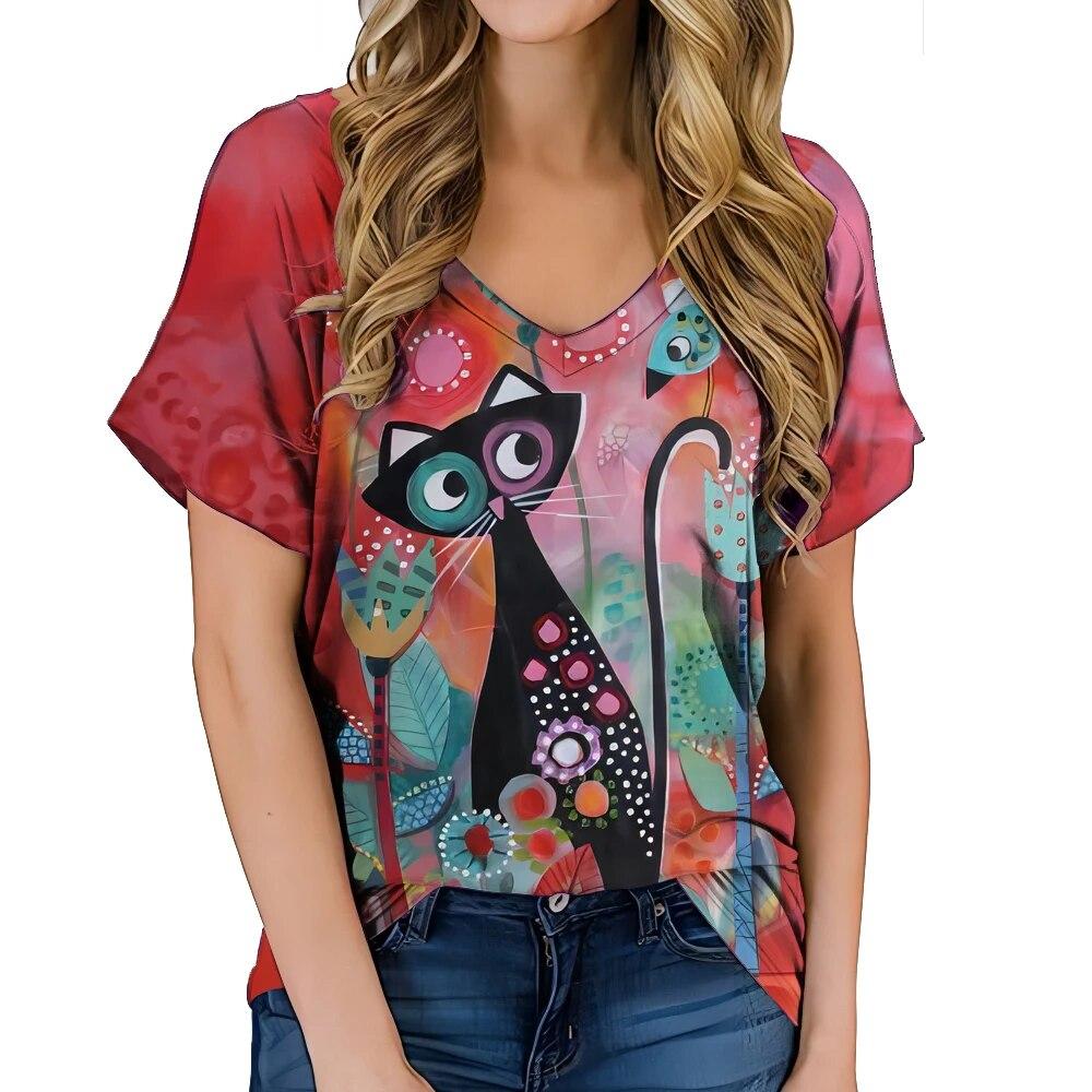 Fashionable Women's Clothing V-neck Kitten Print T-shirt Street Hot Selling Homestay Casual Top Summer Personalized Women Shirt