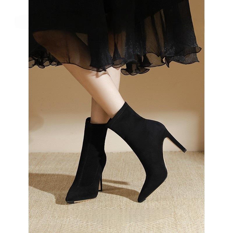 New black pointed high-heeled short boots women's spring and autumn single boots pointed thin medium tube elastic thin boots
