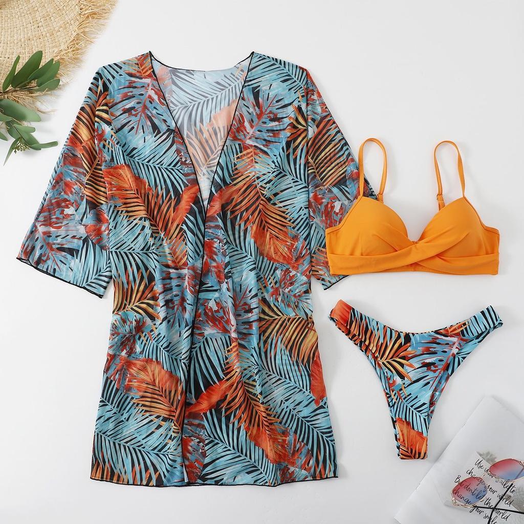 Swimsuit Women's Suspender Cardigan Three-piece Bikini Sunscreen Blouse Split High Waist Swimsuit