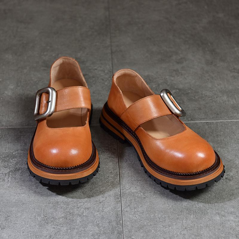 Johnature Divat sokoldalú fém csat, kerek orr, vastag talp Mary Janes cipők valódi bőr női cipők