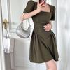 High-end French Square Neck Small Black Dress Temperament Waist Thin Wrinkled Belly Cover Dress  Summer Short Sleeves