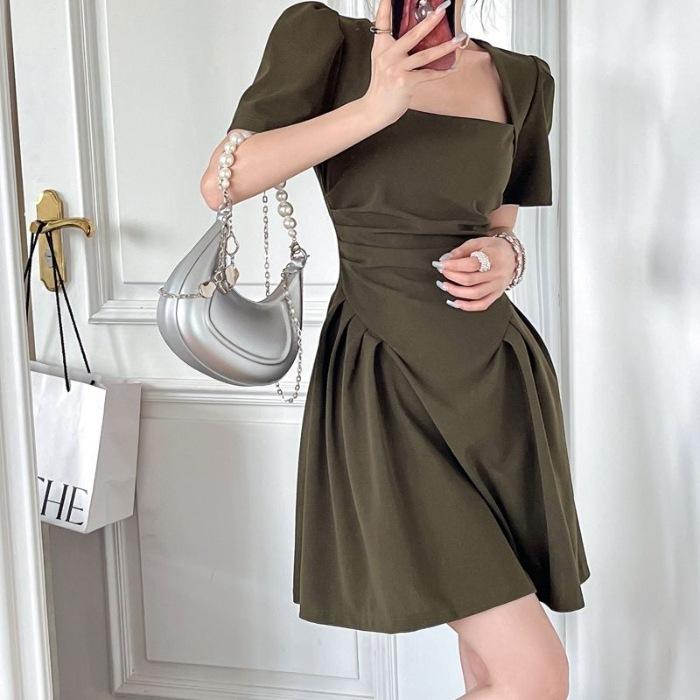 High-end French Square Neck Small Black Dress Temperament Waist Thin Wrinkled Belly Cover Dress Summer Short Sleeves
