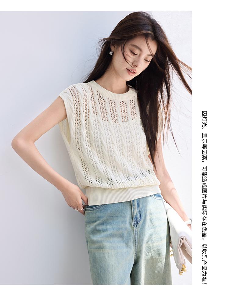 Summer [Light Gap Pleats] Hollow out Fried Dough Twists Knit Shirt Round Neck Sleeveless Blouse with Three Dimensional Texture Overlay