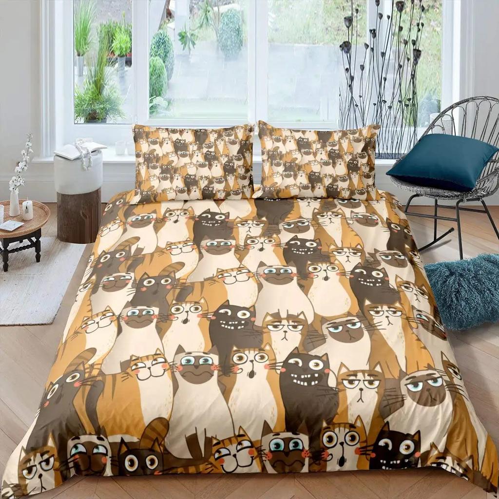 Cat Duvet Cover Set Cute Cartoon Cat Twin Bedding Sets for Boys Girls Animal Cat Pattern Queen King Size Polyester Qulit Cover