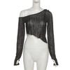 Y2K Fairy Grunge Transparent T-shirt Long Sleeve Off Shoulder Split Crop Top Sexy Women Wave Frill Asymmetric Tees Streetwear