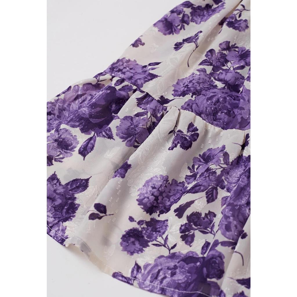New Spring Summer Women's French Style Floral Print V-Neck Waist Cinched Dress for European and American