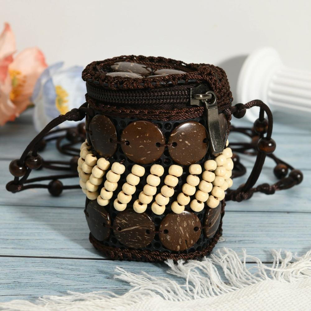 Tragbare Stoff-Umhängetasche im ethnischen Stil, Retro-Kokosnussschale, handgeflochtene Tasche, Vintage-Handtasche, Bohemian-Umhängetasche für Damen