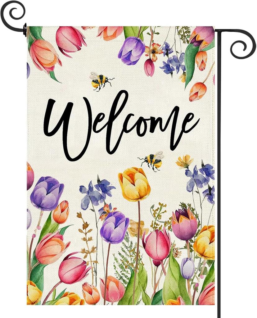 Baccessor Spring Summer Easter Tulip Welcome Garden ag Double Sided Bee Colorful oral Small Burlap Yard House Seasonal F SSL