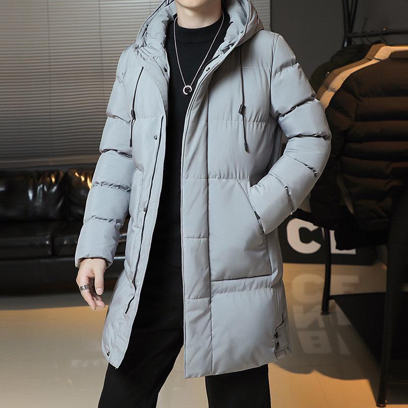 Men's Solid Color Hooded Cotton Jacket – Mid-Length, All-Match Winter Coat