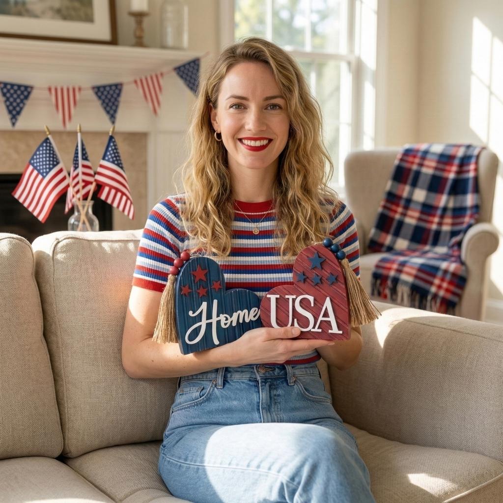 Independence Day Heart-Shaped Flag Red And Blue Stars And Stripes Wooden Decoration For Holiday Desktops Independence Day