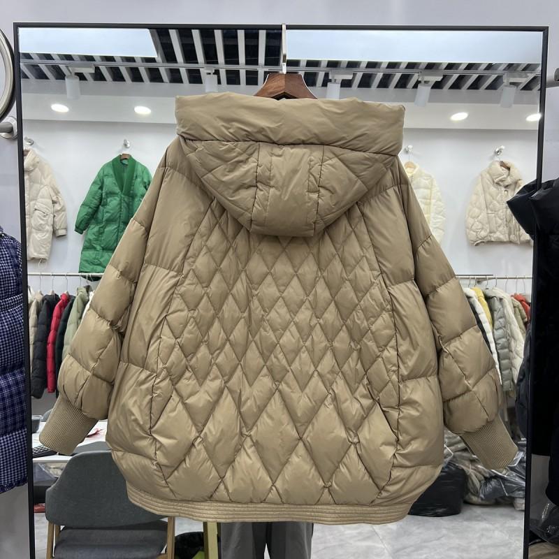 Womens Mid-Length Hooded Puffer Coat With Quilted Design Warm White Duck Down Fill Oversized Fit