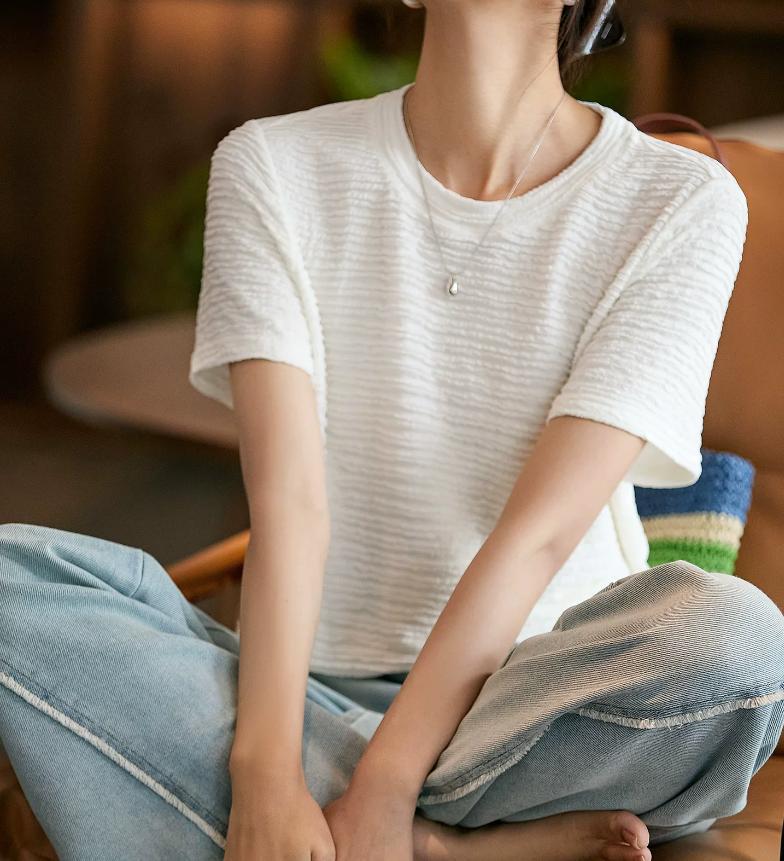Natural Perception • Zhiyun T-Shirt  Smooth Acetic Acid~ Old Money Wind Folded Textured Short Sleeve Top Women s Summer S