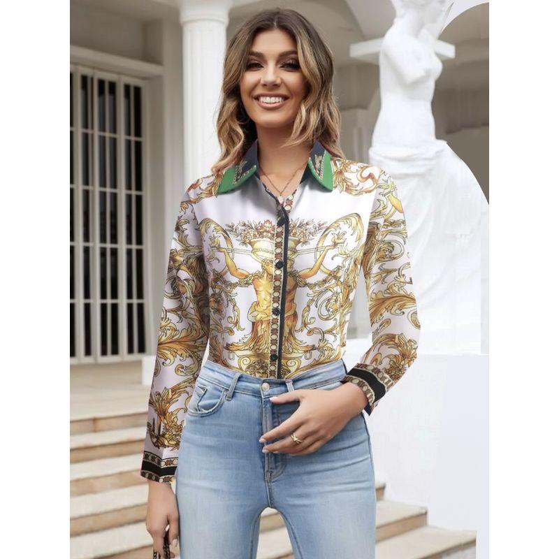 Fashion Spring & Fall New Lapel Work Clothing Ol Fashion Single-Breasted Straight-leg Gingham Geometric Print Long Sleeve Shirt Top