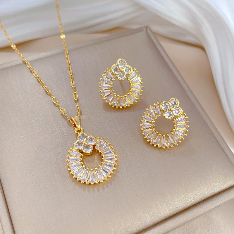 Full of Zirconium Exquisite Wind Copper Micro-inlaid Earrings Necklace Set Combination