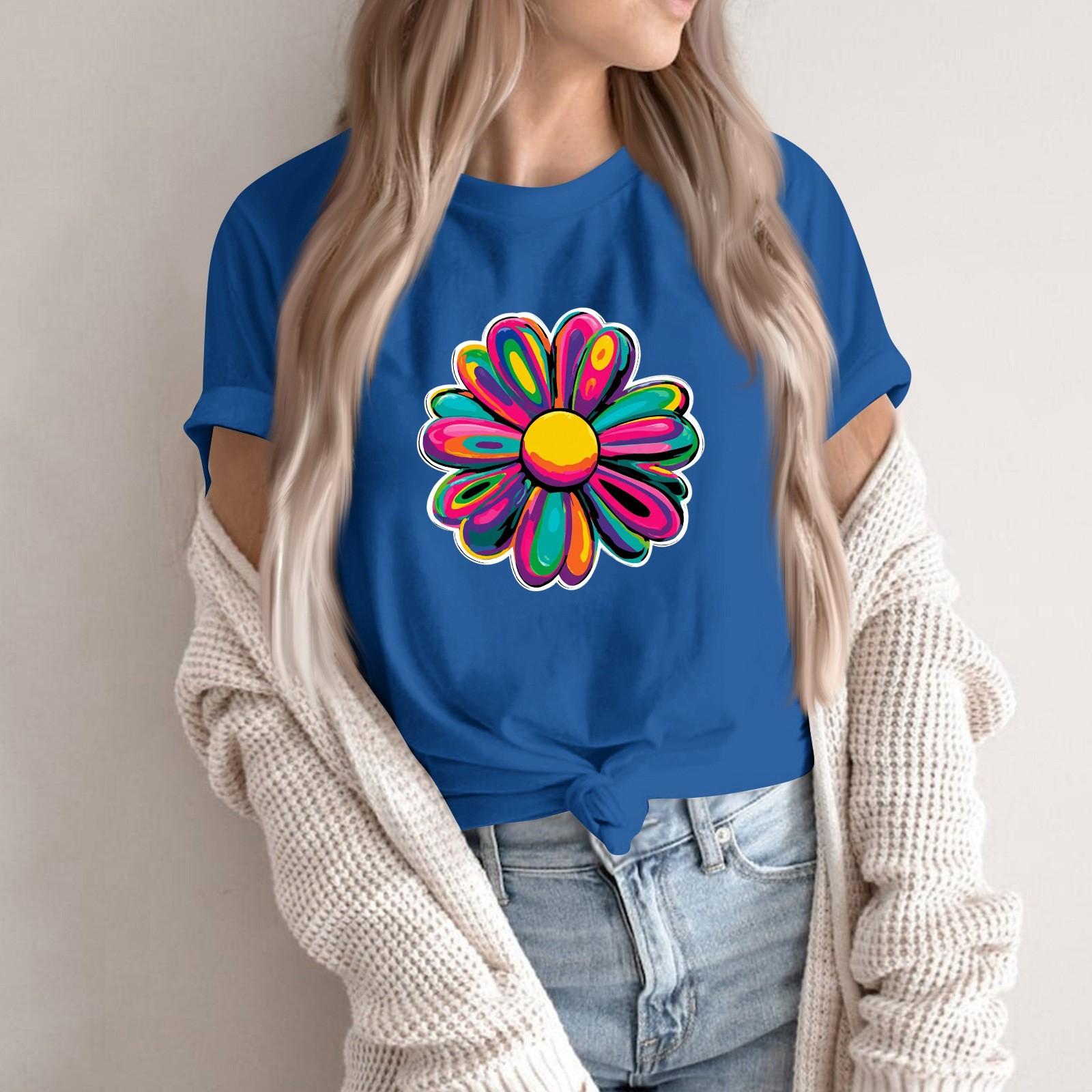 

Женская модная повседневная футболка-пуловер с принтом, круглым вырезом и короткими рукавами M синий