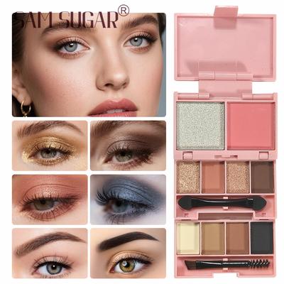 Mini přenosná skládací kombinovaná paleta stínů na oči rozjasňovač tvářenka perleťový samet jemná tvářenka voděodolný třpytivý rozjasňovač