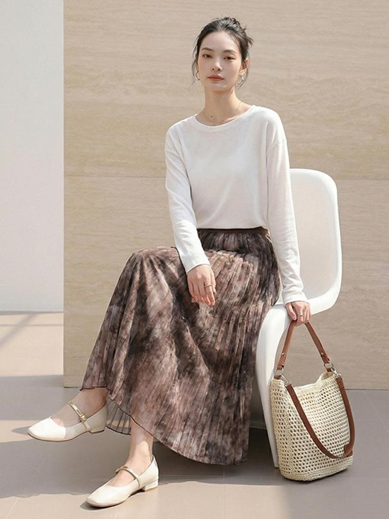 Fei Yuan Ink Print Mesh Midi Skirt - Women's Spring Fashion Versatile & Stylish for Daily Commute