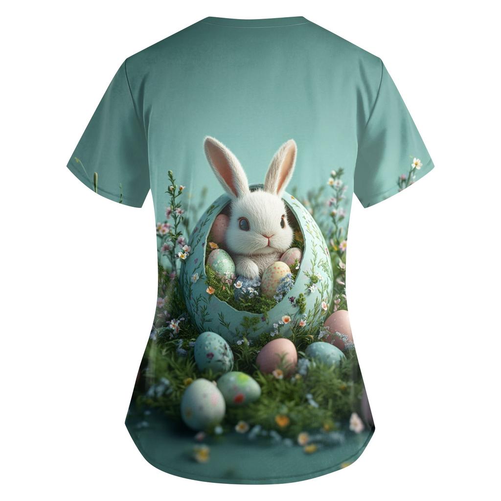 Dámská móda Overaly s krátkým rukávem a výstřihem do V s kapsami Topy s velikonočním potiskem Oblečení