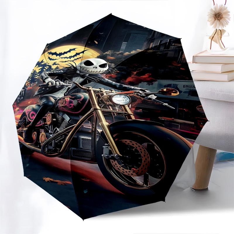 Motorcycle, Halloween Themed Automatic Opening and Closing Umbrella, Brightly Colored 8-rib Portable Umbrella, Suitable for Men and Women