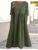 Plus Size Round Neck Solid Pleated Pocket Loose Casual Midi Comfortable Dress S-5XL Lightweight Recognition Elegant with Flattering Chic Dress
