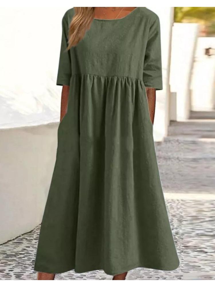 Plus Size Round Neck Solid Pleated Pocket Loose Casual Midi Comfortable Dress S-5XL Lightweight Recognition Elegant with Flattering Chic Dress