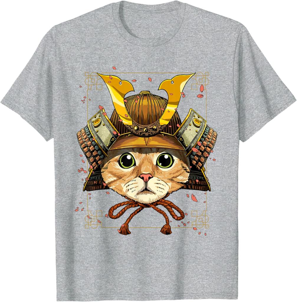 Samurai Cat Warrior Japanese Ronin Graphic Tee Breathable Casual Cotton T-Shirt for Men