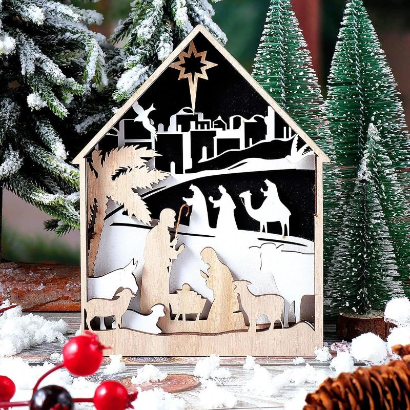 Wooden Christmas Nativity Scene Dining Table Decoration Farmhouse Holiday Layered Tray Decoration Home Decoration
