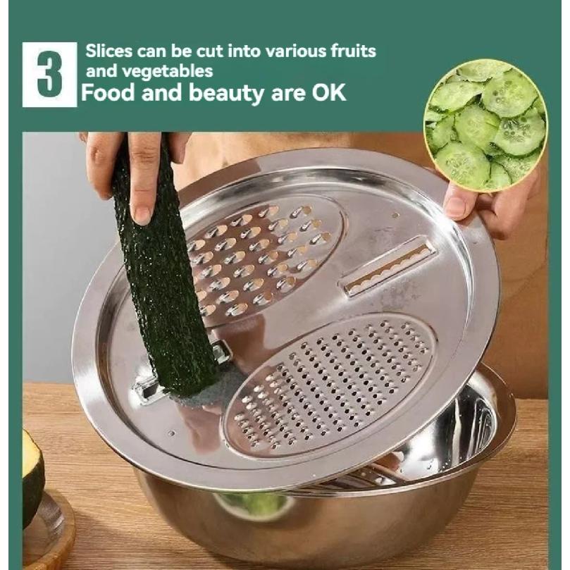 3PCS/1Set Multifunctional Vegetable Slicer Stainless Steel Blade Potato Carrot Grater Vegetable Washing Basin Drain Basket Kitch