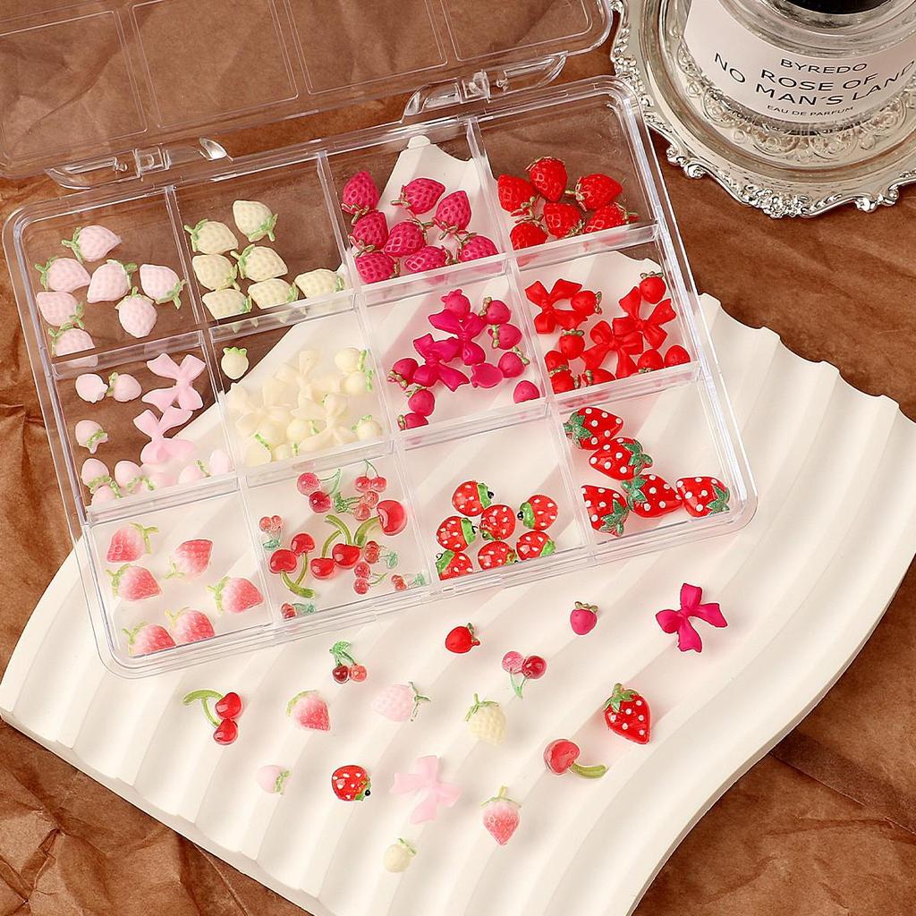 2025 3D Mini Resin Nail Art: Cream Strawberry & Translucent Cherry Fruit Cartoons