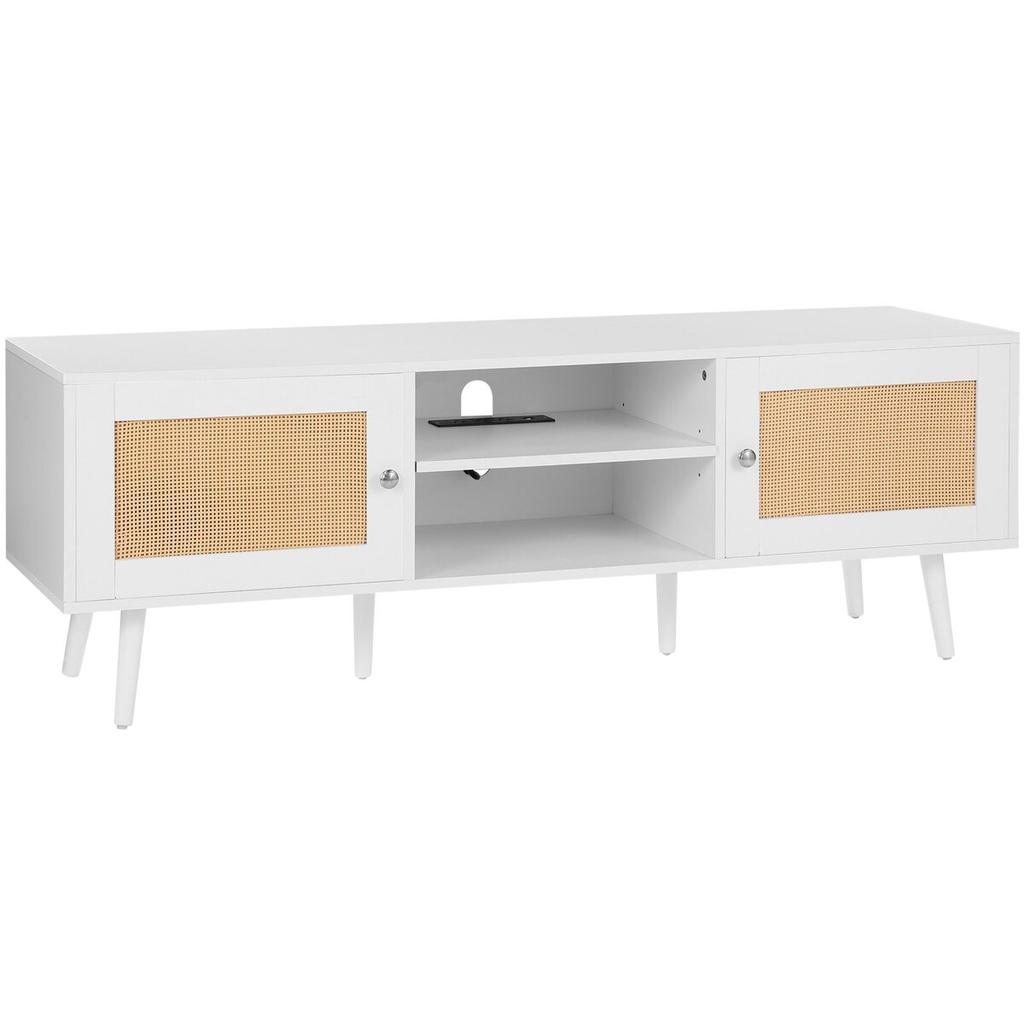 Rattan TV Stand for 65" TV Boho TV Stand with Build-in Socket White