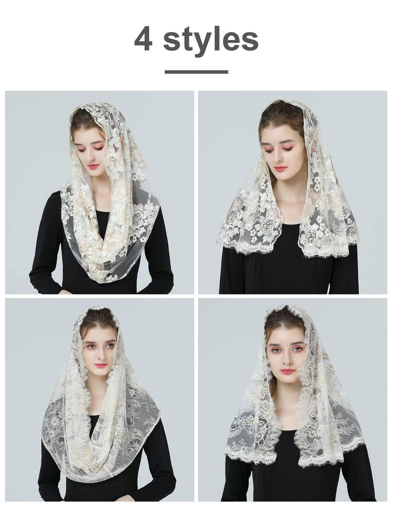 BEAUTELICATE Hochzeit Katholische Hochzeit Spitze Braut Stickerei Kopftuch für Kapelle Champagner Schleier, Schleier, Braut, Messe, Kirche, Taufe, Ostern,