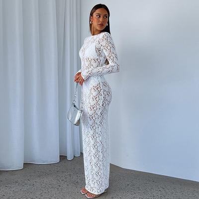 Summer New Women's Clothing Solid Color Lace Perspective Dress European and American Style Long-sleeved Medium and Long Dress