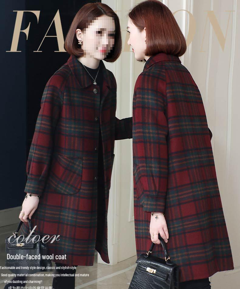 Women's Red Plaid Wool Coat - Korean Style, Autumn/Winter 2025, Double-Sided for Middle-Aged and Elderly