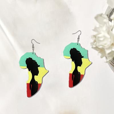 Personalized Africa Map Wood Chip Print Earrings Vintage Women's Headshot Earrings Fashionable Fun Accessories