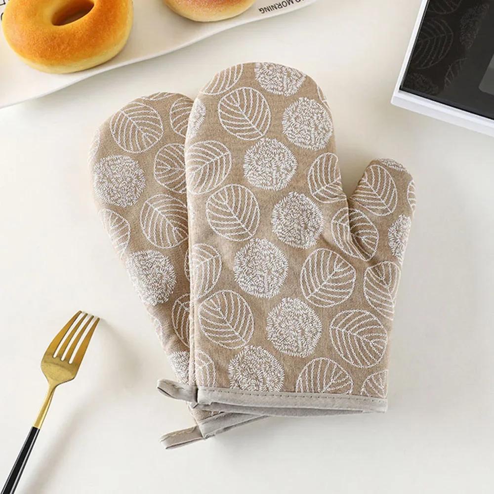 Oven Gloves 2Pcs Thick Heat Resistant Gloves Microwave Oven Gloves Anti-Scalding Printed Gloves Kitchen Baking