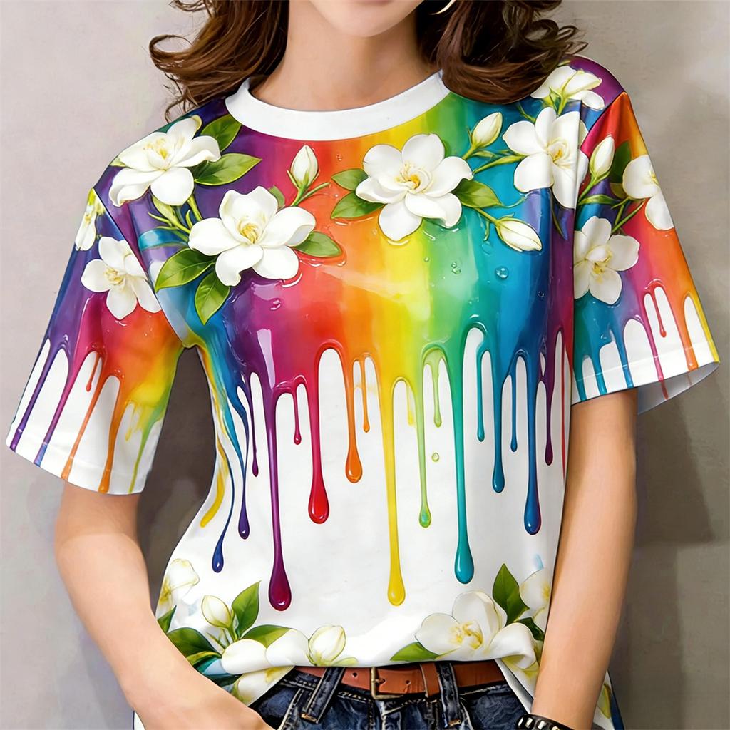 Tie-Dye Floral Shirt - Round Neck, Short Sleeve, Outdoor Casual Top with 3D Digital Print | Women’s Wear