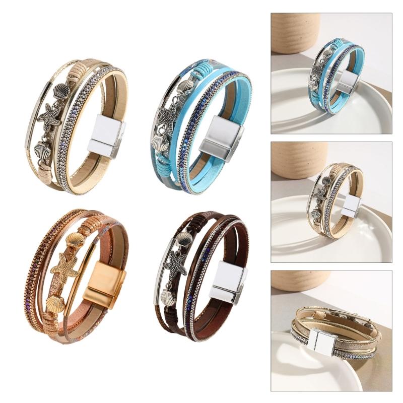 Chic Starfish Bracelet Soft Faux Leather Multi-Layer Wrist Bangle Hand Jewelry For Casual To Formal Occasion