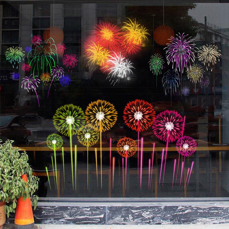 New Year Golden Festive Fireworks Glass Sticker for Windows, Perfect for Hotels and Exhibition Halls