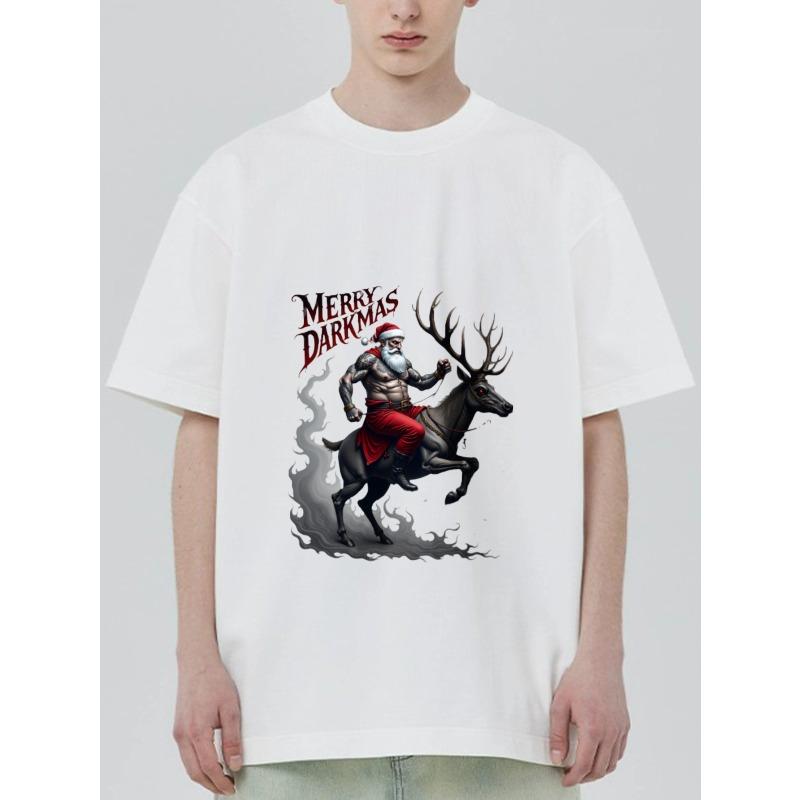 Black T Shirt with Santa Riding Deer and Merry Darkmas Text for Christmas Party Wear