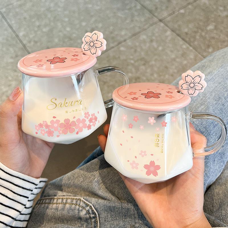 Sakura Glass Water Cup, Heat-resistant Tea Cups, High Aesthetic Mug, Spoon with Lid, Home Office Milk Coffee Mugs, Holiday Gift