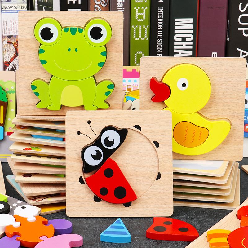 Baby høykvalitets 3D trepuslespill Pedagogisk tegneseriedyr Tidlig læring Intelligens Puslespill Leker for barn