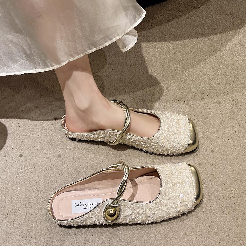 Flat heel bag head Mary Jane cool slippers women's 2025 new sequined Buling temperament sandals with skirt half slippers