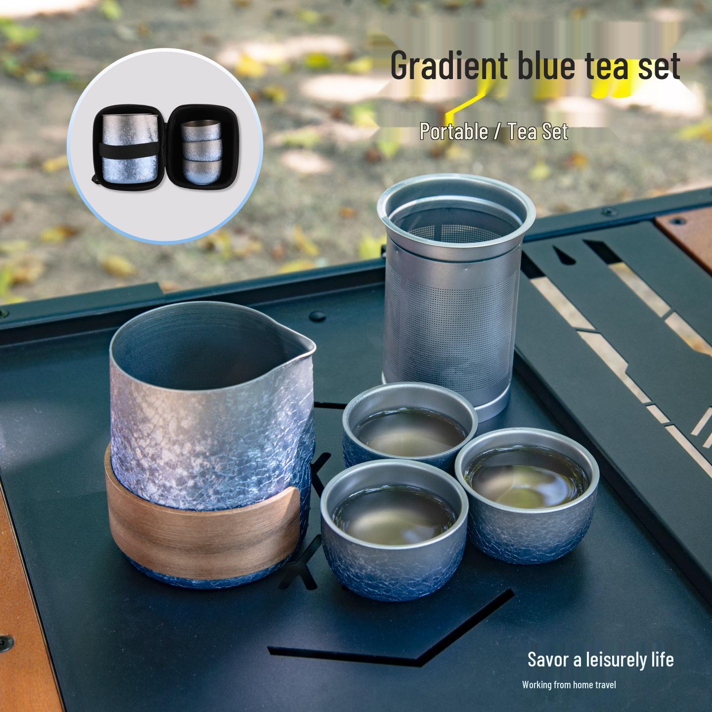 304 Stainless Steel Gradient Blue Camping Tea Set: Portable Titanium-Plated Pot with Three Cups