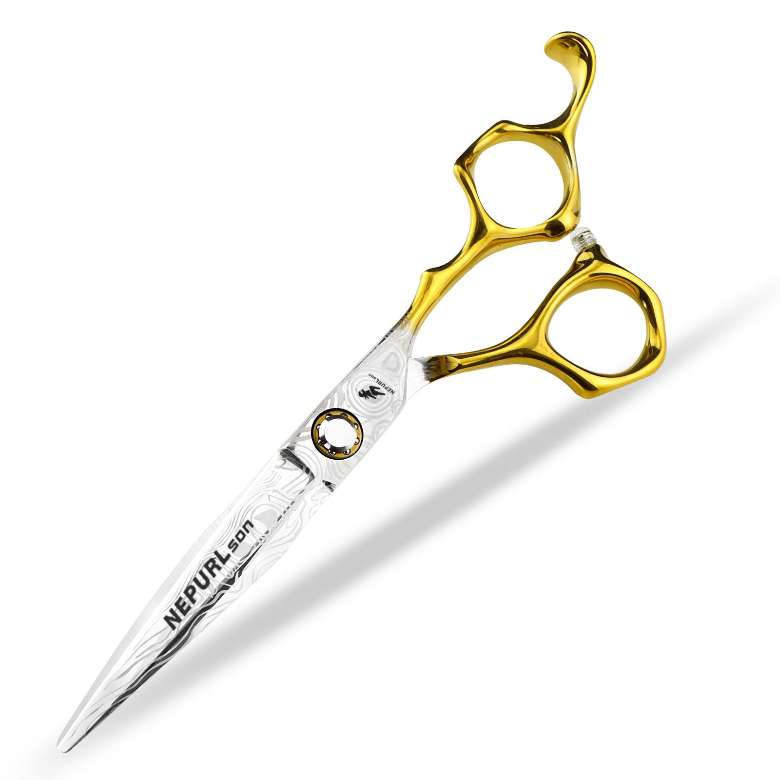 6.0 Inch Nimpson Half Gold Pattern Flat Cut Hair Straight Cut Tooth Cut Gold 6.0inch half gold damascus flat scissors