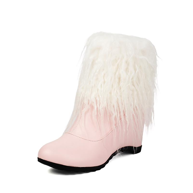 

Кисточка Меховая Лоскутная ПУ Милые Теплые Зимние Женские Короткие Ботинки Ультравысокий Наклонный Каблук Боковая Молния Южные Теплые Ботильоны Снежные Ботинки 41 розовый