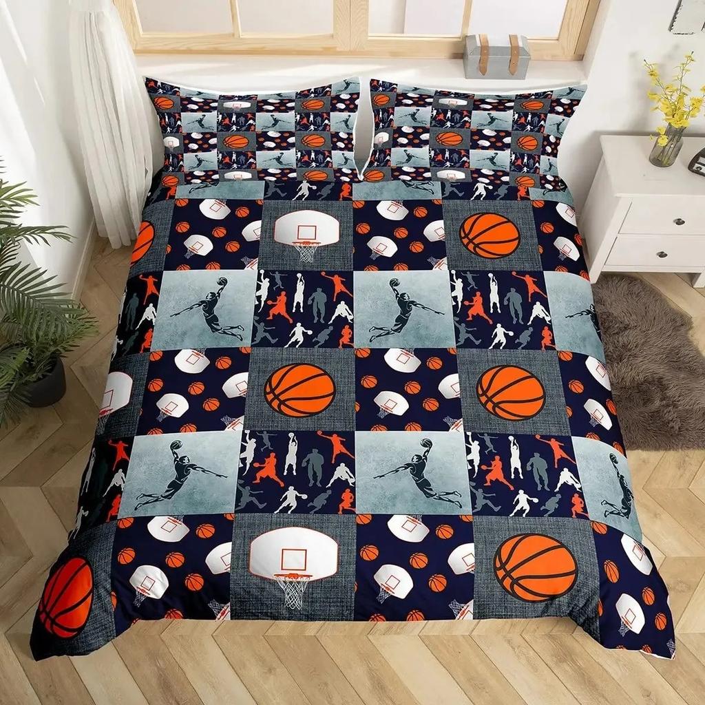 Boys Basketball Duvet Cover Set Black 3D Ball Sports Bedding Set For Boys Men Basketball Court Competitive Games Comforter Cover