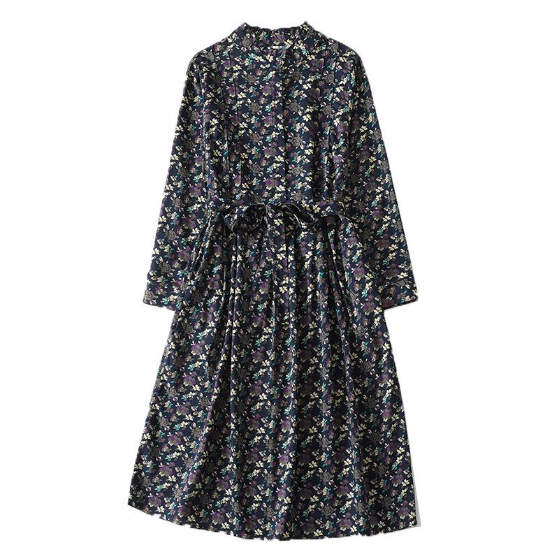 2026 Spring Retro Floral Midi Dress with Ruffle Collar and Tie Waist