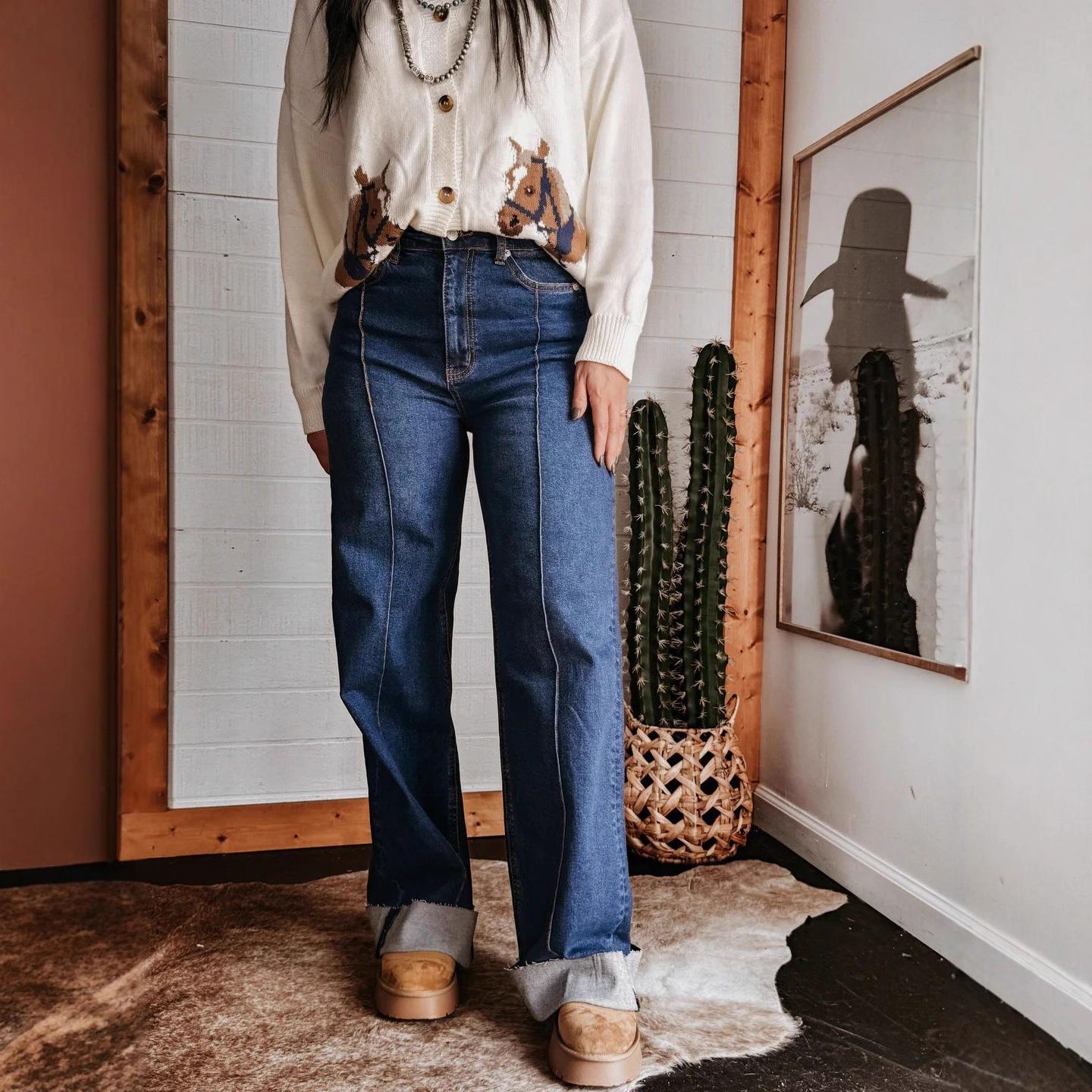 

2026 New Vintage Style Women s Wide-Leg Jeans with Cuffed Hem and Center Seam Design, High-Waisted Slimming Straight-Leg Jeans S темно-синий
