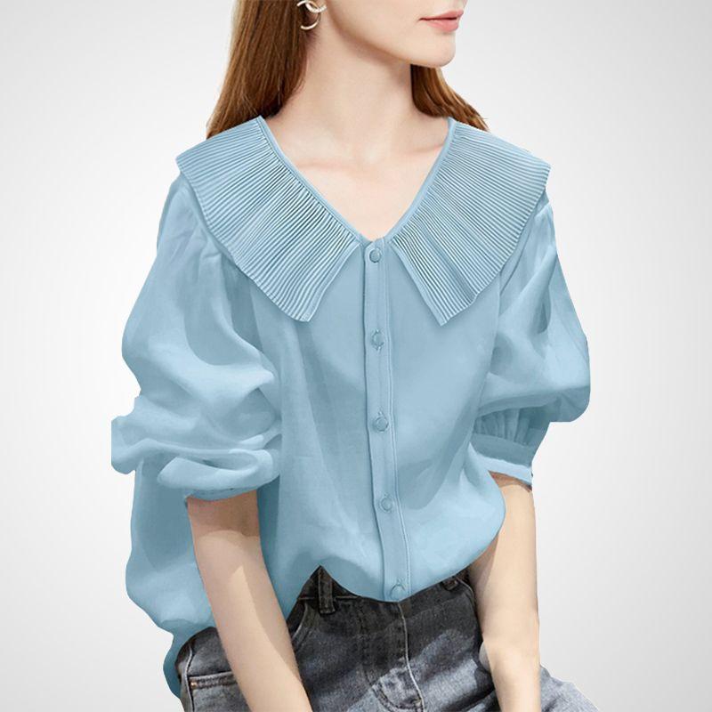 

French Style Design Special Women s Clothing Autumn Winter Chic Shirt 2025 New Arrival Loose Western Style Youthful-Looking French Tops Blue- S