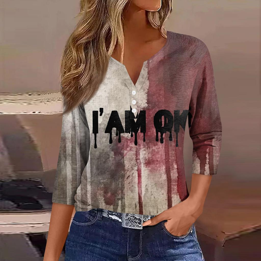 Damenmode Lässig Halloween Bedruckt V-Ausschnitt Kurzarm Dekorativer Knopf Dreiviertelarm T-Shirt Tor